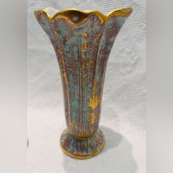 Stangl Vases (2) Turquoise Antique Gold Hand Painted Vintage - Picture 2 of 11